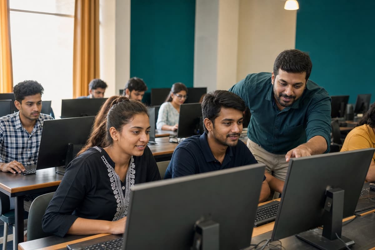 Students learning computer skills with an instructor in a classroom